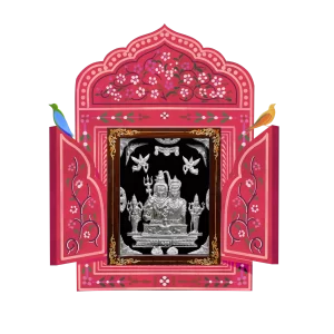 silver frame picture of Indian god within a pink frame