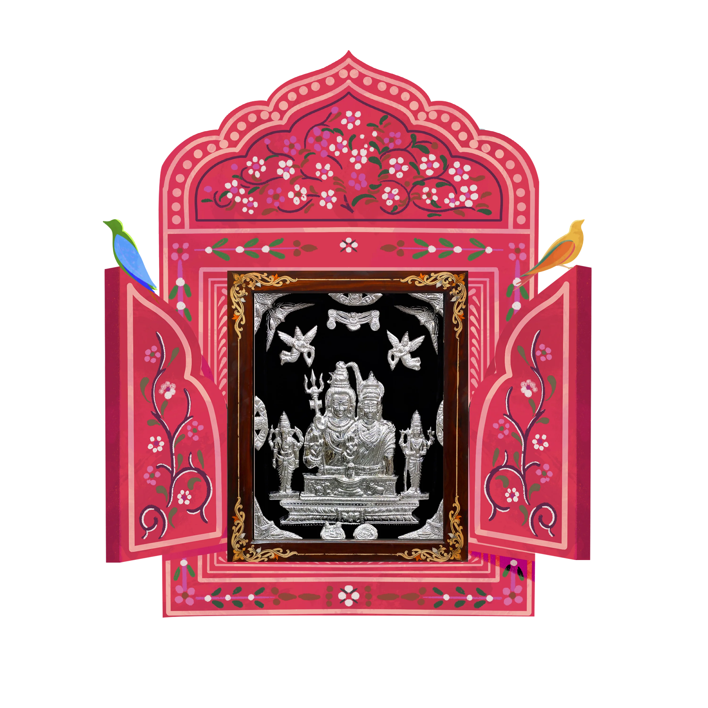 silver frame picture of Indian god within a pink frame