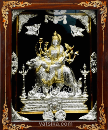 Durga Devi gold idol in silver photo frame